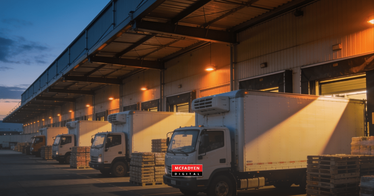 Box trucks backed up to a food distributor warehouse